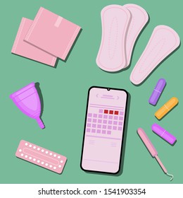 Menstrual cycle vector set of female hygiene products for critical days. Set of women's means of personal hygiene vector illustration. Menstrual cup, sanitary pad, tampon, pills, calendar, smartphone
