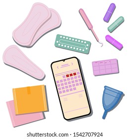 Menstrual cycle vector set of female hygiene products for critical days. Set of women's means of personal hygiene vector illustration. Menstrual cup, sanitary pad, tampon, pills, calendar, smartphone