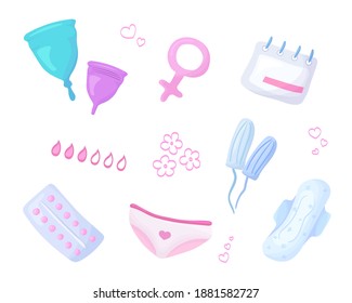 Menstruationszyklus Vektor-Set von weiblichen Hygieneprodukten für Frauen kritische Tage. Set von Frauenmitteln für persönliche Hygiene Vektorgrafik. Menstruationstasse, Monatsbinden, Tampon, Tabletten mit süßer Doodle