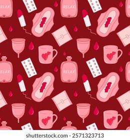 Menstrual Health and Care Seamless Pattern. Pads, Cups, Pain Relief, and Feminine Products on Red Background