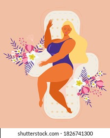 Menstrual health cycle concept vector in flat style. Woman sleeping on a hygiene pad with tropical flower and leaves. Comfort and care for woman in critical days. 
