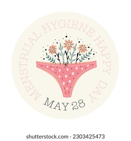 Menstrual Hygiene Day Sticker. Women panties with flowers. Hand Drawn vector illustration