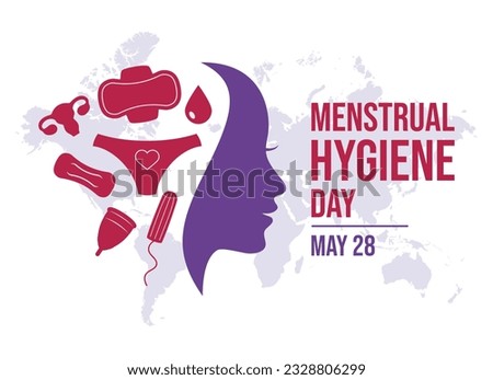 Menstrual Hygiene Day vector illustration. Women's menstrual products icon set vector. Menstrual pad, tampon, cup icons. Young woman face in profile purple silhouette vector. May 28 every year