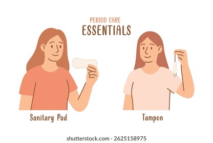 Produtos de higiene menstrual Infográfico. Ilustração plana do vetor do desenho animado da mulher segurando a almofada sanitária e o tampão. Gráficos educacionais essenciais para o conceito de saúde das mulheres