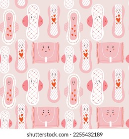 Patrón de caracteres de almohadillas menstruales. Productos de caricatura de higiene íntima femenina. Ilustración kawaii de mascota vector dibujada a mano