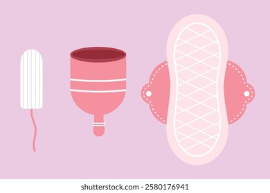 Menstrual pads set with eco friendly products. Reusable menstrual pads. Zero Waste woman menstrual period. Flat style design element set. Suitable for clip art, stickers, flat design illustration
