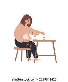 Dolor menstrual, calambres. Problemas de día crítico para mujeres Dolor de socorro femenino con bolsas de agua caliente y píldoras. Caricatura de la mujer con el concepto de dolor de periodo ilustración vectorial plana aislada en fondo blanco