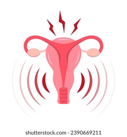 Menstrual pain and cramps - vector illustration. Red pain circles on female reproductive organs.