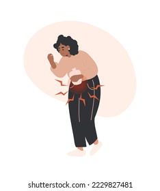 Dolor menstrual, calambres. Mujer con el concepto de dolor de punto ilustración vectorial sobre fondo blanco.  Problemas de día crítico para mujeres Dolor de socorro femenino con bolsas de agua caliente y píldoras.