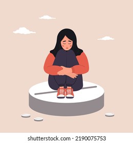 Menstrual pain. Drugs to relieve PMS symptoms. Sad arabic woman with abdominal cramps sitting on large pill. Female critical day problems. Vector illustration in flat cartoon style.