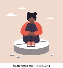 Menstrual pain. Drugs to relieve PMS symptoms. Sad african woman with abdominal cramps sitting on large pill. Female critical day problems. Vector illustration in flat cartoon style.