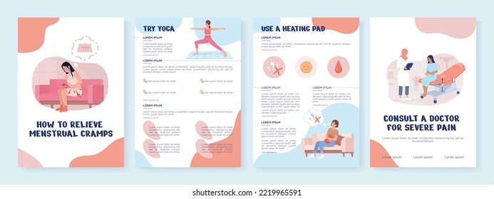 Menstrual pain flat vector brochure template. Health booklet, leaflet printable flat color designs. Editable magazine page, reports kit with text space. Nerko One, Quicksand, Comfortaa fonts used