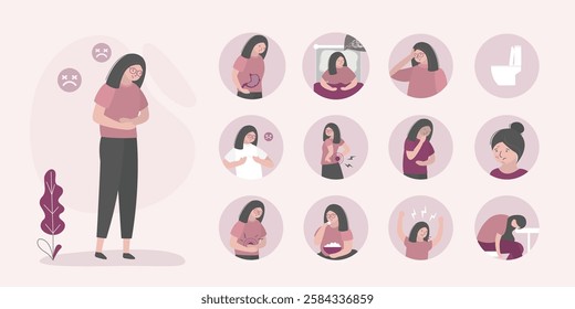 Menstrual pain. PMS symptoms, infographic, horizontal banner template. Women abdominal pains and headache. Menstruation cycle, infographic. Unhappy girl, various signs and icons. vector illustration