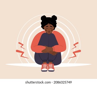 Menstrual Pain. Sad African Woman With Abdominal Cramps Or Pms Symptoms. Female Critical Day Problems. Vector Illustration In Flat Cartoon Style.