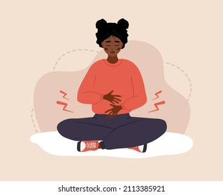 Menstrual pain. Sad african woman with abdominal cramps or pms symptoms. Female critical day problems. Vector illustration in flat cartoon style.