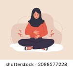 Menstrual pain. Sad arab woman in hijab with abdominal cramps or pms symptoms. Female critical day problems. Vector illustration in flat cartoon style.