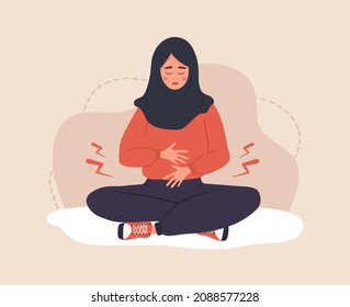 Menstrual pain. Sad arab woman in hijab with abdominal cramps or pms symptoms. Female critical day problems. Vector illustration in flat cartoon style.