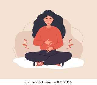Menstrual pain. Sad woman with abdominal cramps or pms symptoms. Female critical day problems. Vector illustration in flat cartoon style.