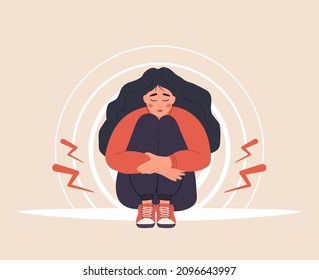 Dolor menstrual. Mujer triste con calambres abdominales o síntomas de pms. Problemas de día crítico para las mujeres. Ilustración vectorial al estilo de las caricaturas planas.