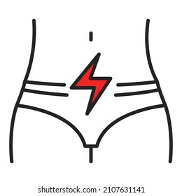 Menstrual pain vector isolated icon. Symbol of a belly and pain during menstruation. Painful period. Pictogram of abdominal pain.