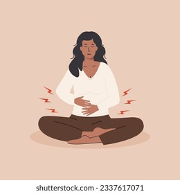 Menstrual pain. Young brown woman having abdominal cramps or PMS symptoms. Female character during menstrual monthly cycle having discomfort in her stomach. Vector flat illustration.