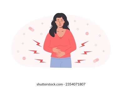 Menstrual pain. Young brown woman having abdominal cramps or PMS symptoms. Female character during menstrual monthly cycle having discomfort in her stomach. Vector flat illustration.