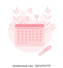 Calendario del período menstrual con fondo floral y prueba. Planeando el embarazo.  Control del ciclo menstrual femenino
