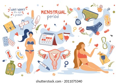 Concepto de período menstrual conjunto de elementos aislados. Colección de mujeres con periodos, ropa interior, toallitas higiénicas, tampones, tazas, ciclo de calendario, gotas y otros. Ilustración vectorial en diseño de dibujos animados planos