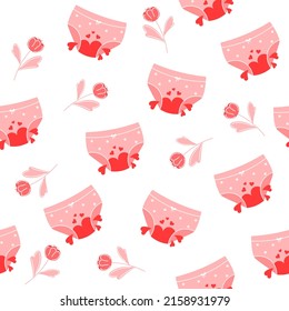 Menstrual period concept. Seamless pattern with with panties, blood and flower.  Zero waste period.