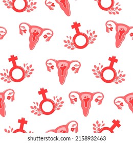 Menstrual period concept. Seamless pattern with uterus and gender sign.  Zero waste period.