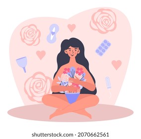 Menstrual period concept. Various products for women intimate hygiene. Pads, tampons, pills or menstrual cup. Female character with flowers in her underwear. Cartoon modern flat vector illustration