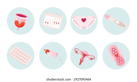 Menstrual period icon set. Set of hand drawn images: menstrual cups, period tracker, tampon, pads, panties, pregnancy test, contraceptives, hearts. Female hygiene products. Isolated item stickers.