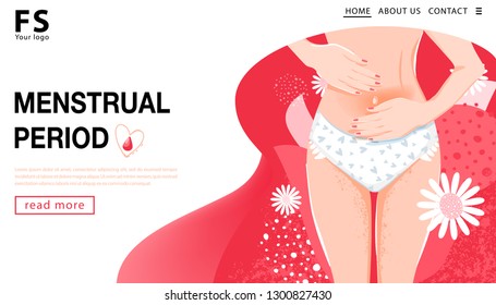 Menstrual period. Landing page template. Woman having abdominal pain. Woman's health concept with woman body, groin of female and flowers. Vector illustration.
