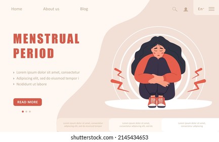 Menstrual period. Landing page template. Sad woman with abdominal cramps or pms symptoms. Female critical day problems. Vector illustration in flat cartoon style.