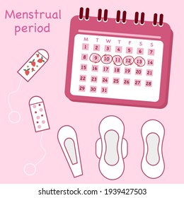 Menstrual period. Pink women's menstruation calendar. Gaskets. Daily women's pads. Pink. Vector graphics