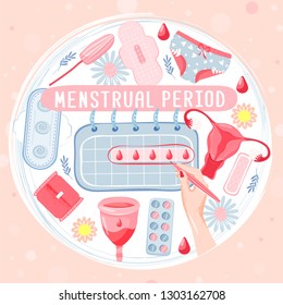Período menstrual en forma de círculo con taza menstrual, tampón, sartén, calendario mensual, manos de mujer, servilleta sanitaria, sangre, manzanilla y pastillas. Concepto de menstruación. Ilustración vectorial.