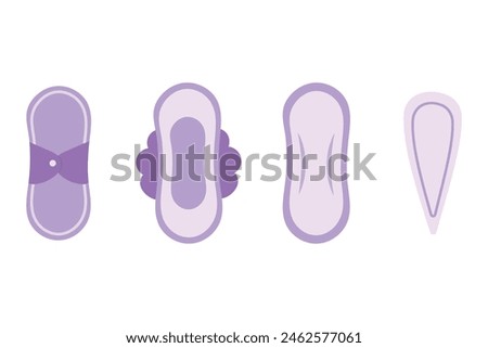 Menstrual period. A set of different purple women's sanitary pads. Pads for every day. Women's daily sanitary pads. Flat vector illustration