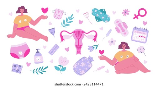 Menstrual period set. Happy woman and period accessories around. Comfort period time. Bodypositive concept. Flat vector illustration