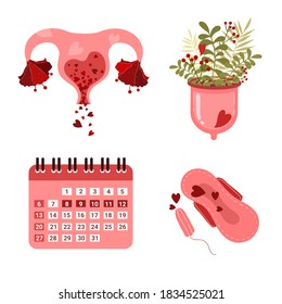 Vector del período menstrual. Copa Menstrual, útero dibujado a mano, calendario y tampón de estilo plano. Ilustración de material vectorial.