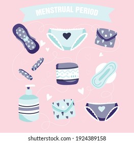 Menstrual period vector illustrations. Set of hand drawn images: bleeding, tampon, pads, panties, hearts. Female hygiene product. Isolated item stickers.Woman's health concept