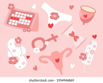 Menstrual period vector illustrations. Set of hand drawn images: menstrual cups, tampon, pads, panties, hearts, calendar. Female hygiene product. Isolated item stickers