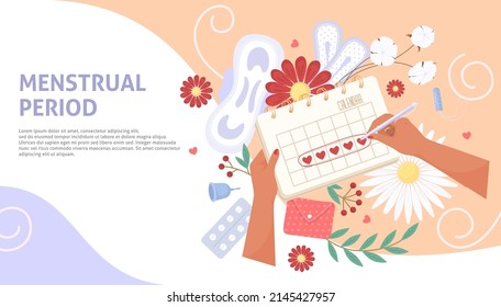 Menstrual Period Vector. Menstruation Cycle Calendar Schedule Poster. Woman Health, Pms And Monthly Bleeding