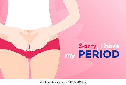 Menstrual period Vector poster with copy space Woman in red lingerie is holding hands on her belly on pink gradient background