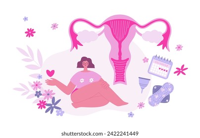 Menstrual period. Woman during her period with a heart in her hand sitting on the floor. Comfort period time. Bodypositive concept	