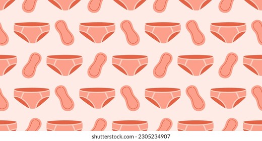 Menstrual periods seamless pattern tampon, pads, menstrual cup. Female regular menstrual cycle concept.
