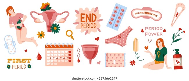 Período menstrual establecido. Iconos de ciclo femenino para servilletas de papel, toallas de algodón y productos de higiene de época. Conjunto de vectores de salud reproductiva de la mujer de período menstrual e ilustración de higiene femenina