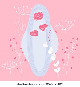 Menstrual sanitary pads concept vector illustration with flowers, herbs and leafs. The menstrual period cycle or PMS is NORMAL