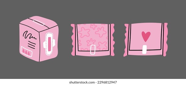 Menstrual sanitary pads isolated on dark background cartoon style flat vector illustration. Cute hand drawn periods feminine intimate hygiene napkins. Menstrual pads packaging outline pink design.