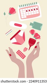 Menstrual set for menstruation control. Hands and feminine hygiene products. Menstruation concept. Feminine hygiene. Flat vector.