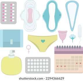 Conjunto menstrual de toallitas menstruales y otras ilustraciones vectoriales de higiene femenina